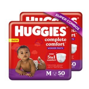 Huggies Complete Comfort Wonder Pants, Medium (M) Size Baby Diaper Pants, Combo Pack of 2, 50 count Per Pack, 100 count, with 5 in 1 Comfort